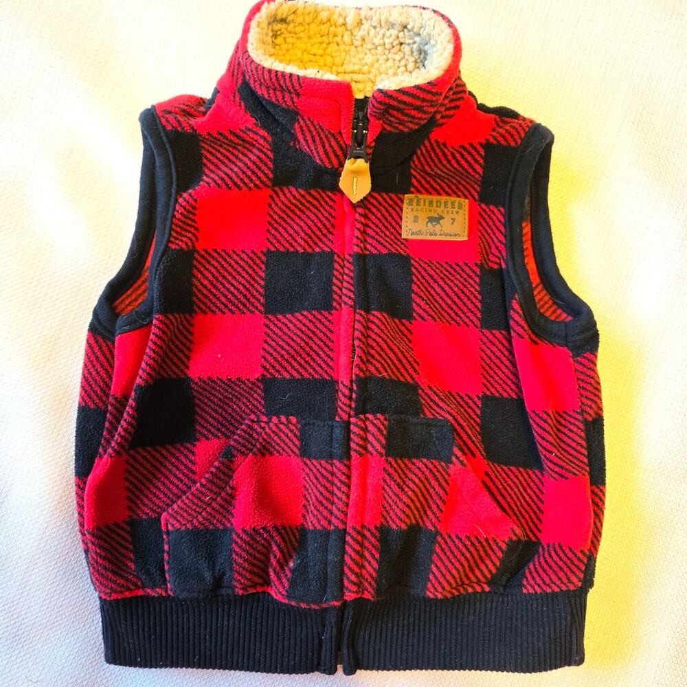 CARTER Boys 6 Months Buffalo Plaid Sherpa Collar "Reindeer Racing" Fleece Vest